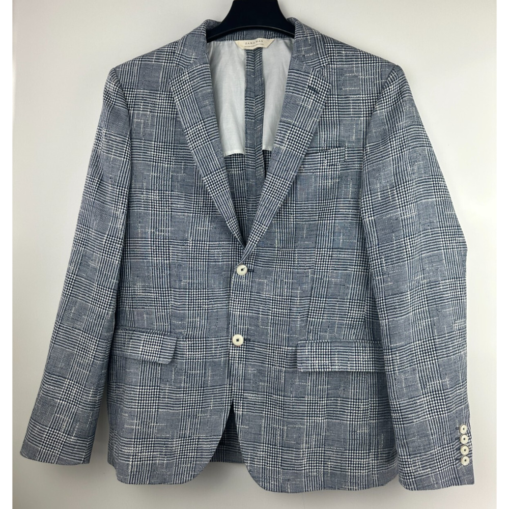 Zara Man Blazer Jacket Plaid Houndstooth Navy Blue & White US Men's Size 42 - Picture 13 of 13